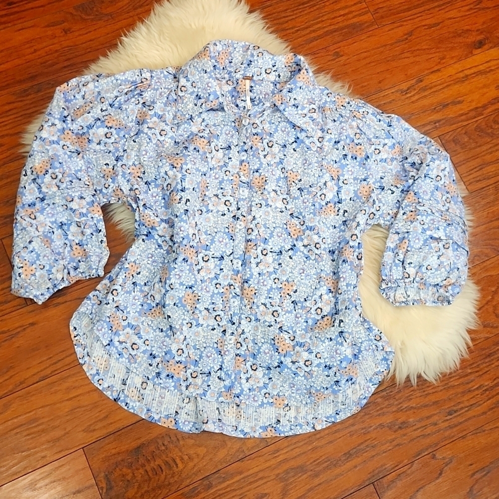 Free People Happy Days Floral 3/4 Sleeve Button Front Collared Blouse